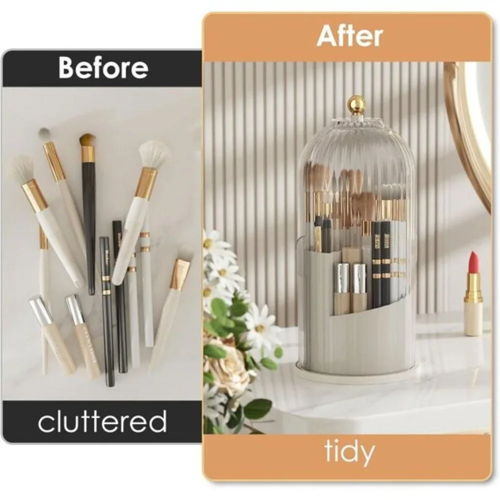 New 360° Rotating Clear Makeup Brush Holder with Lid for Vanity & Room